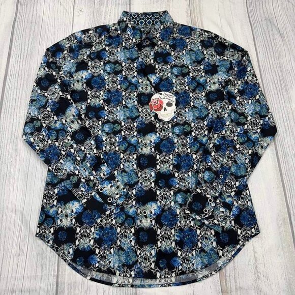 NWT Robert Graham Alloway Button Shirt S Blue Flip Cuff Floral Skull Mens $198 - Picture 1 of 12